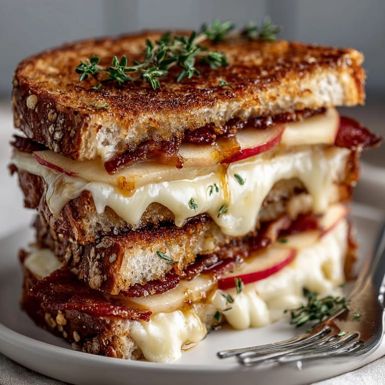 A close-up of a delicious Fall Maple Bacon Grilled Cheese, oozing cheese and bacon between toasted sourdough.