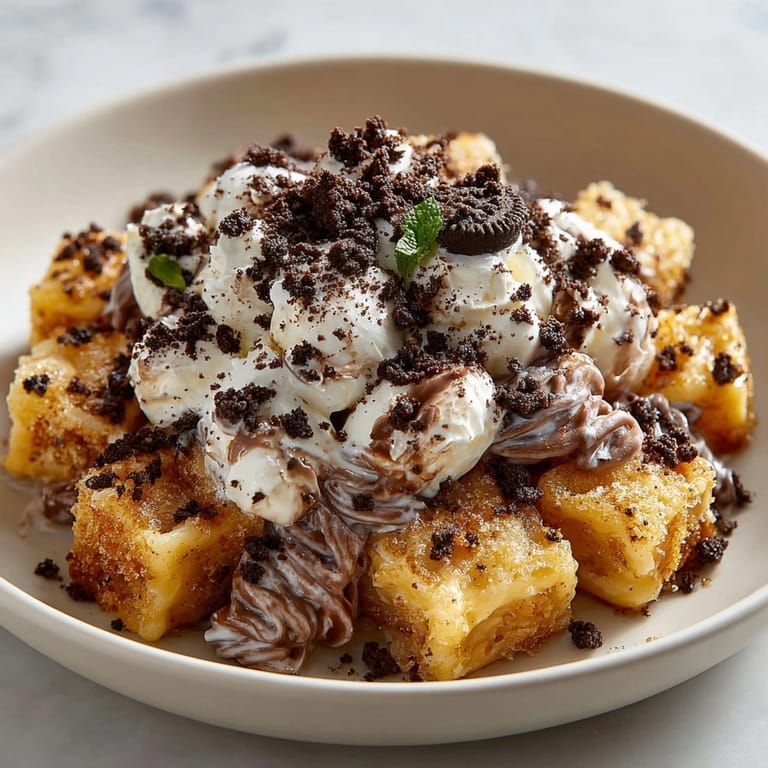 Delectable Chaos Cake Oreo Crumb Pasta Dessert featuring cake cubes and playful chocolate pasta topping.