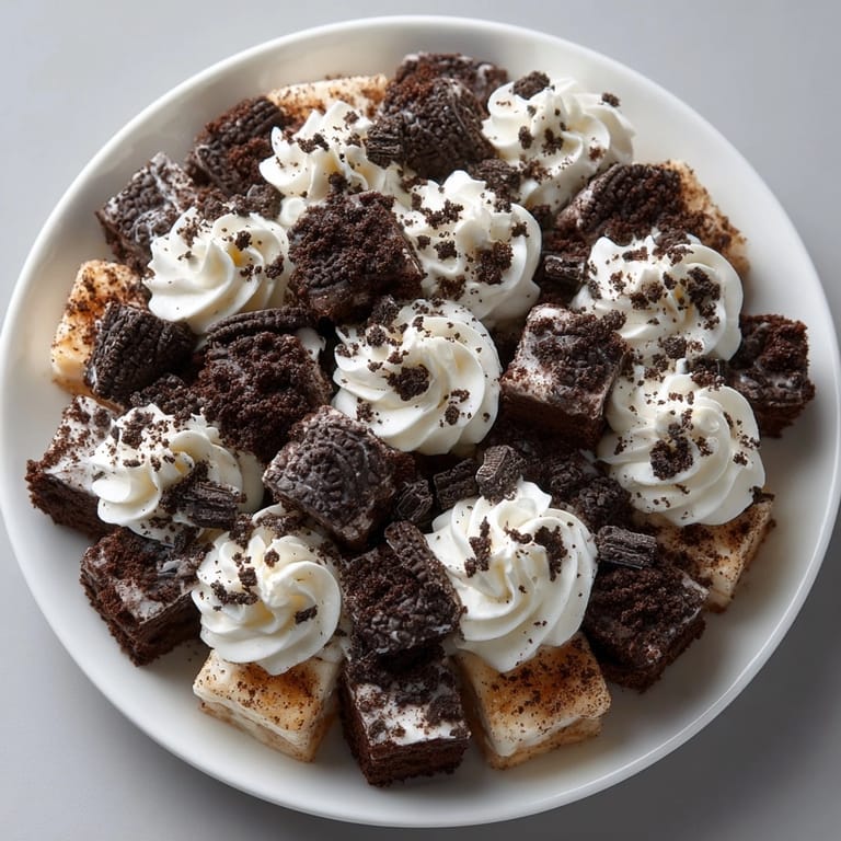 Sweet, multi-layered bowl of Chaos Cake Oreo Crumb Pasta Dessert, perfectly balanced with Oreo crumbs.