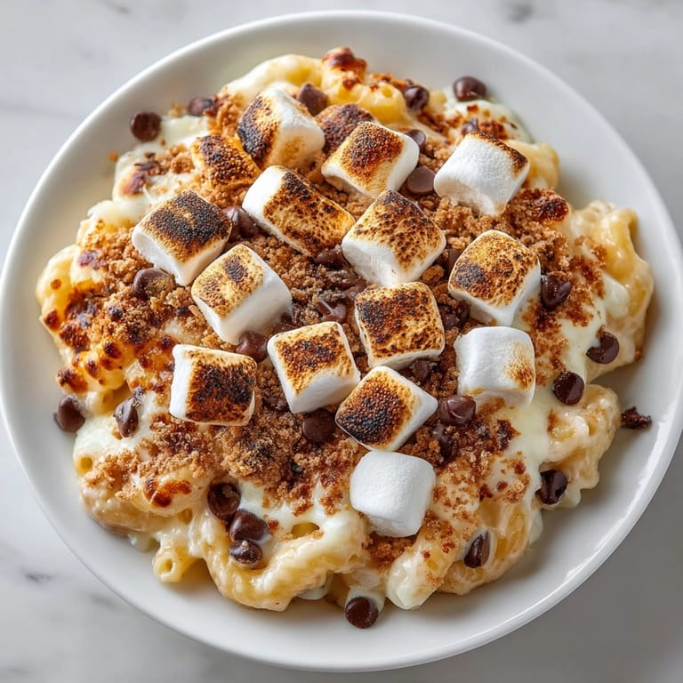 Close-up view of cheesy s&#39;mores mac and cheese, showcasing melted marshmallows and chocolate chips.