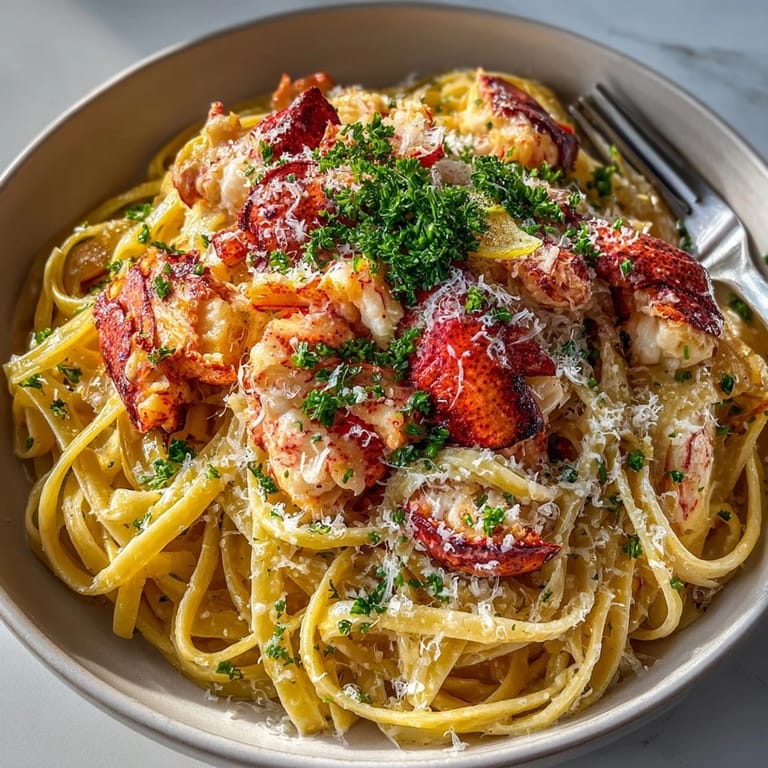 Close-up of Lobster Thermidor Pasta with fresh parsley, a gourmet pasta dish in a creamy Cognac sauce.