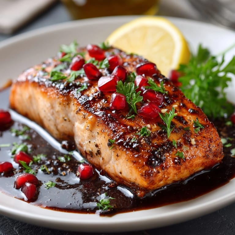 Juicy Pomegranate Balsamic Glazed Salmon with a glossy, tangy glaze and lemon wedges for serving.