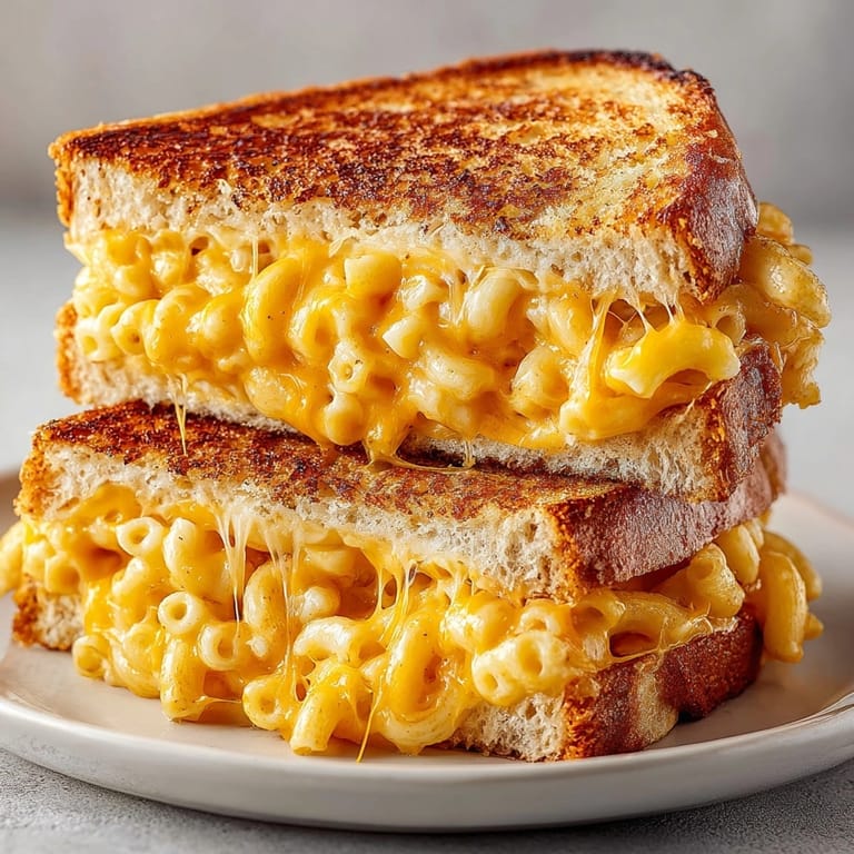 Mac and cheese grilled cheese sliced in half, revealing rich, gooey pasta and melted cheese layers.