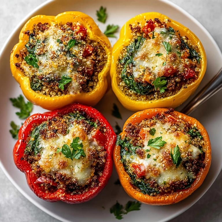 Warm tray of stuffed cheese bell peppers with ground turkey, ready for a family dinner.