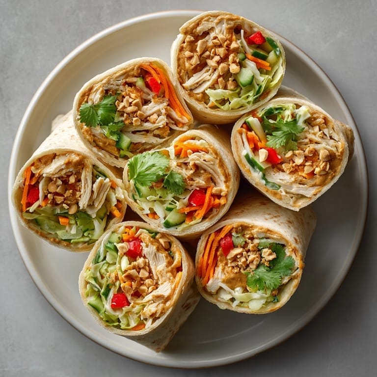 Thai Peanut Chicken Salad Wraps served on a platter, ready for a light, flavorful lunch or dinner.