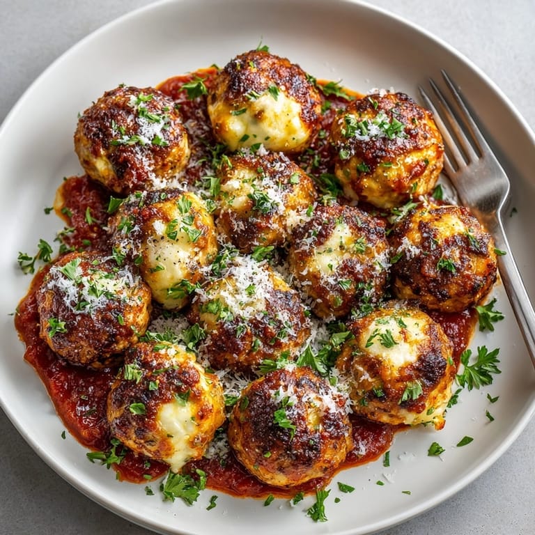 Hearty Stuffed Cheese Turkey Meatballs plated over pasta, garnished with parsley and tangy tomato sauce.