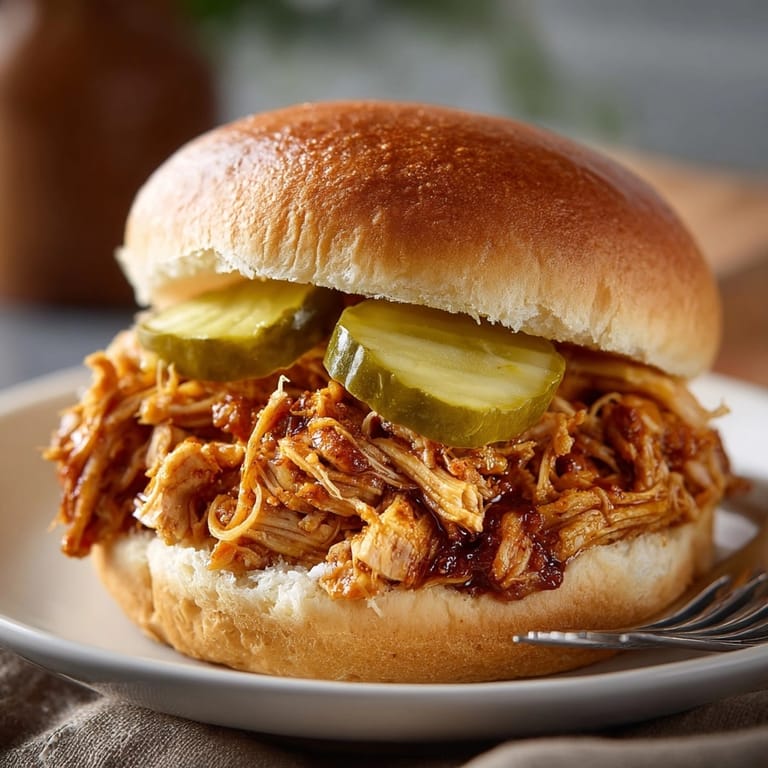 Slow cooker hot honey chicken sandwich on a toasted bun, drizzled with spicy-sweet sauce and pickles.