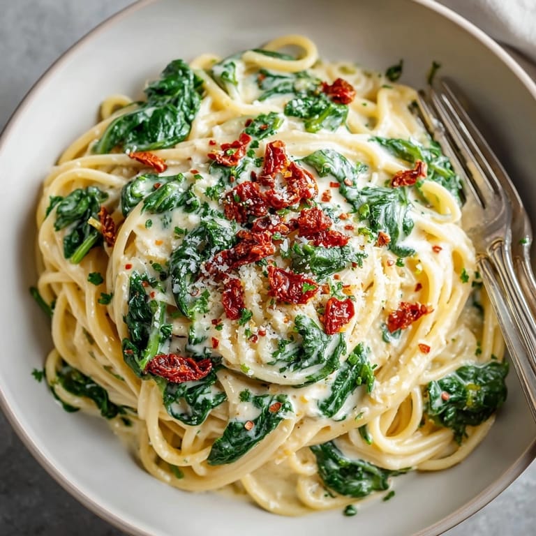 Close-up of spaghetti &amp; spinach tossed in sun-dried tomato cream sauce, ready for family dinner.