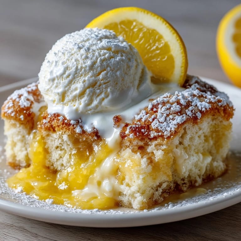 Magic Lemon Cobbler dessert served warm, topped with whipped cream and sliced lemons for zest.