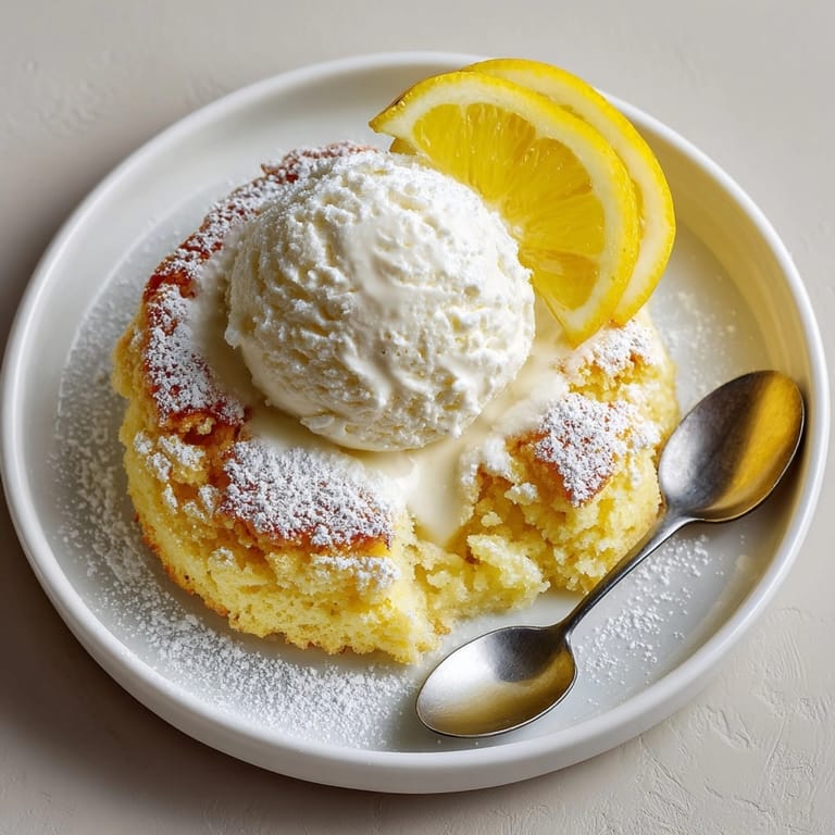 Close-up of Magic Lemon Cobbler showing rich buttermilk batter and sweet tangy lemon curd center.