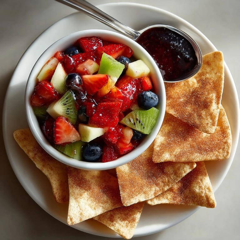 Bowl of vibrant fruit salsa surrounded by crisp, homemade cinnamon sugar tortilla chips for dessert.