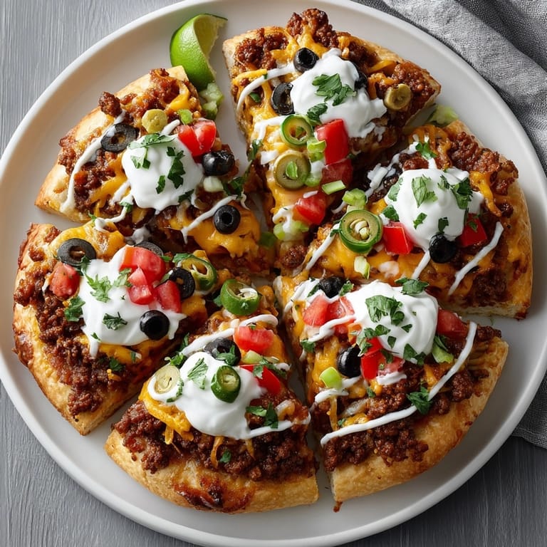Close-up of hot Spiderweb Taco Pizza featuring savory taco meat and vibrant toppings.