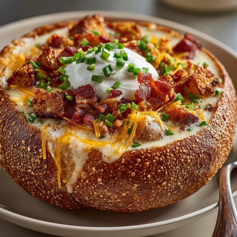 Enjoy savory Loaded Baked Potato Soup topped with cheddar chives and crisp bacon.