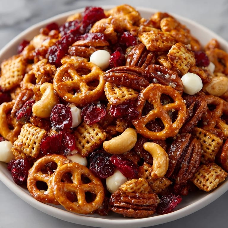 Homemade Pumpkin Spice Snack Mix on a baking sheet, ready for sharing celebrations.