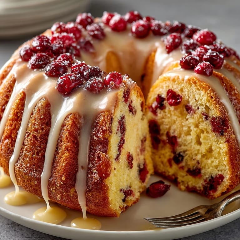 Slices of moist Cranberry Orange Bundt Cake offer a sweet citrusy, tart cranberry delight.