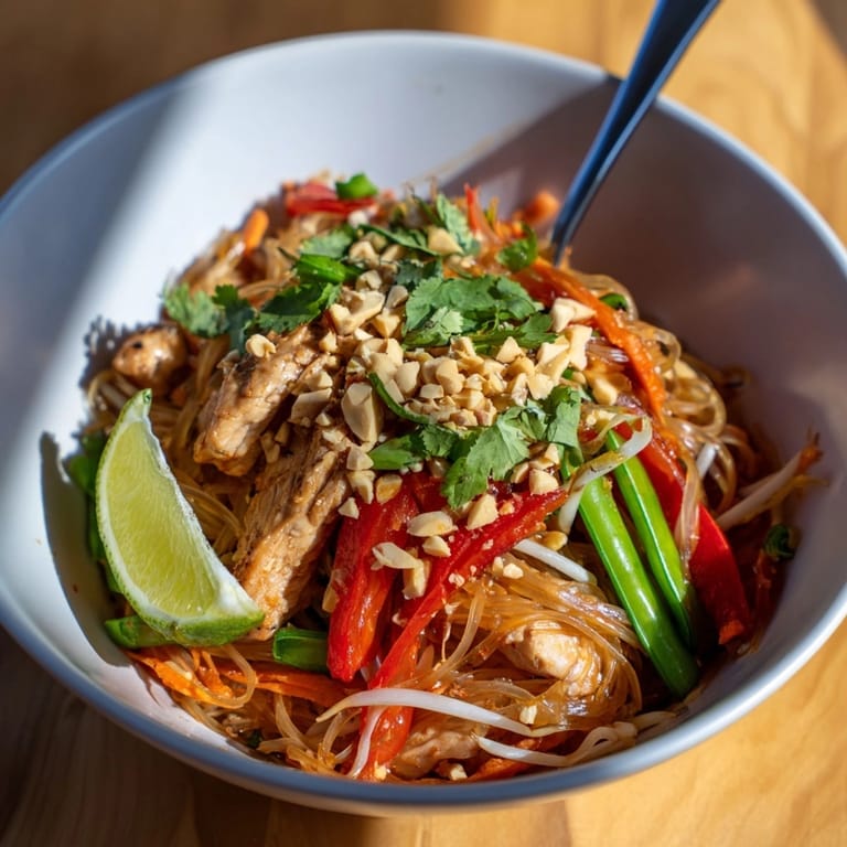 Close-up on spicy Thai Chili Chicken Noodle Bowls, a colorful, aromatic weeknight dinner.