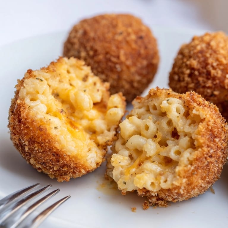 Bite-sized cheesy Mac and Cheese Rice Balls, ready to serve with dipping sauce.