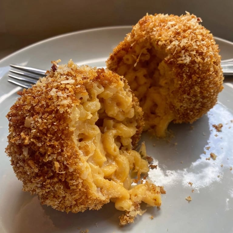 Homemade Cheesy Mac and Cheese Rice Balls fried to crunchy perfection, oozing cheesy goodness.