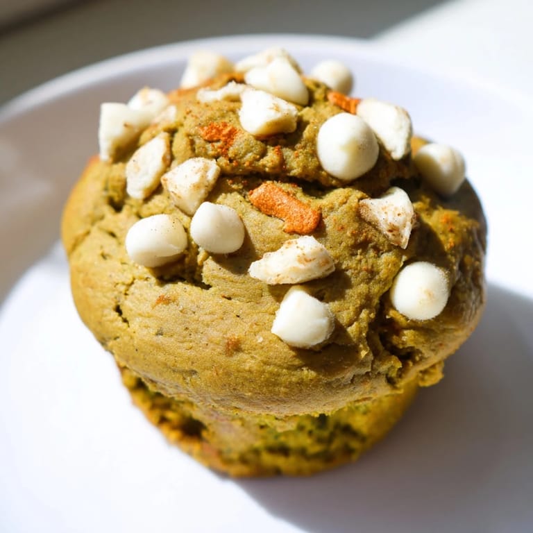 Moist matcha white chocolate pumpkin muffins, bursting with seasonal flavors and warmth.