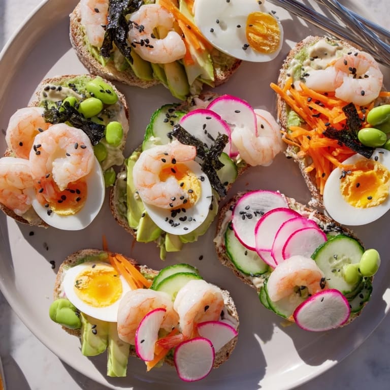 Deliciously layered Japanese bento open-face sandwiches with shrimp and creamy avocado.  