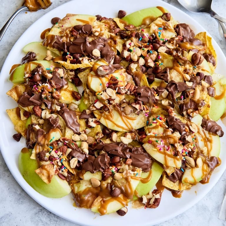 Indulgent Loaded Caramel Apple Nacho Platter featuring nuts, chocolate chips, and sprinkles.