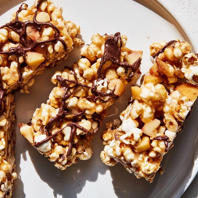 Crunchy popcorn melds with caramel and dried apples in delicious dessert bars.  