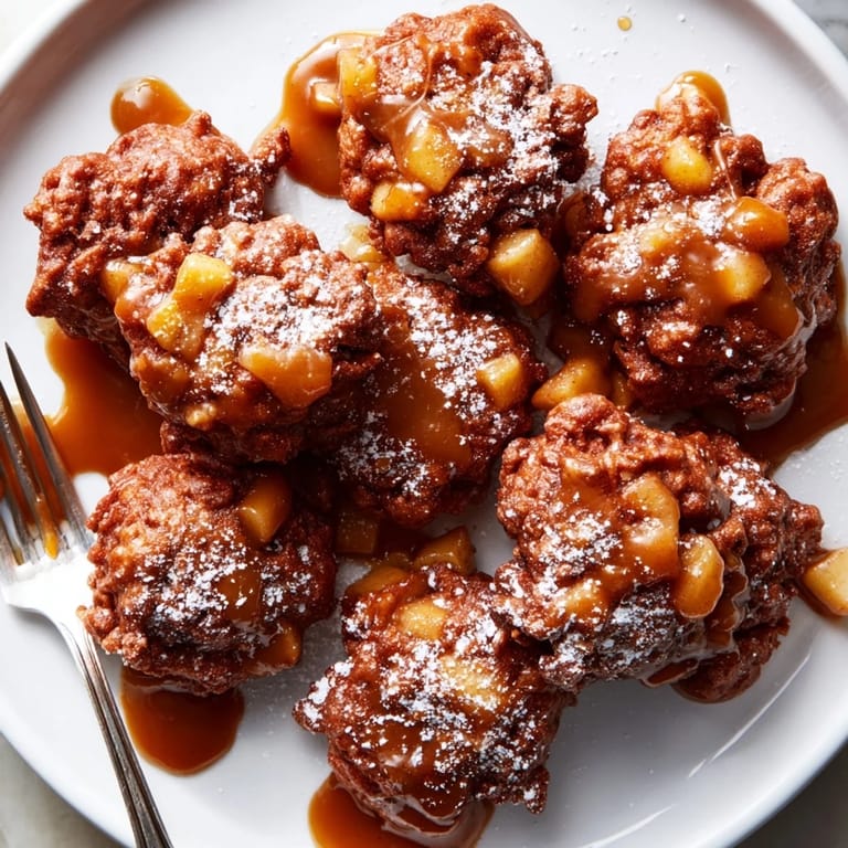 Golden-brown Caramel Apple Spiced Biscuit Fritters topped with powdered sugar for a delightful treat.  