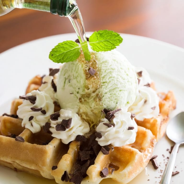 Deliciously thick Monster Mint Soda Float Waffles drizzled with lemon-lime soda and whipped cream.