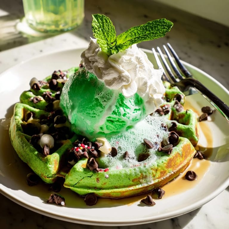 Colorful waffles with mint ice cream and soda, creating a whimsical dessert treat.  