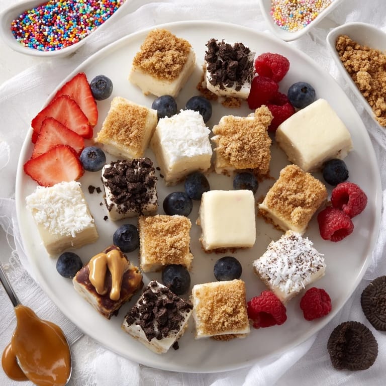 Deconstructed dessert board features colorful fruits and toppings beside rich cheesecake bites.  