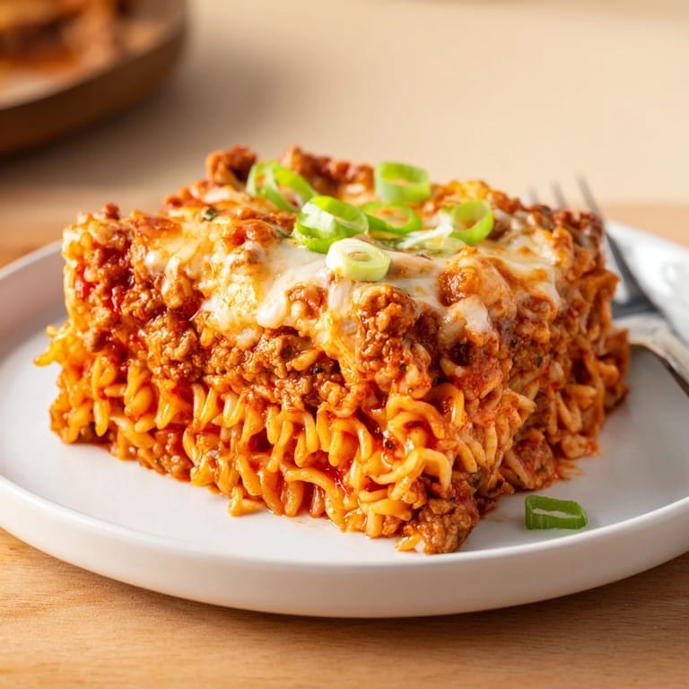 Comforting Spicy Ramen Lasagna topped with melted cheeses and fresh green onion garnish.
