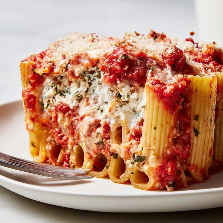 Deliciously baked Honeycomb Pasta Cake, featuring upright rigatoni filled with creamy ricotta.  