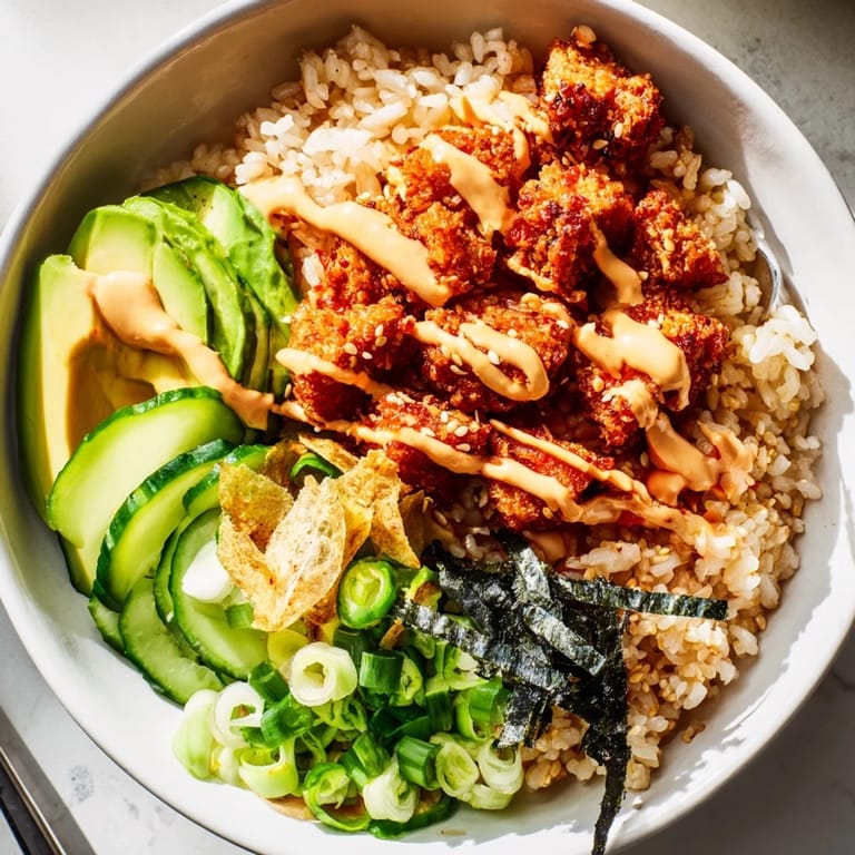 Vibrant Crispy Salmon Rice Bowl served with tangy kimchi and golden garlic garnish. 