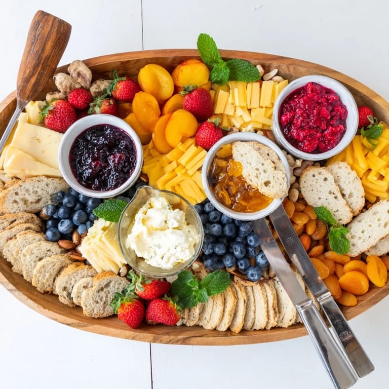 Gourmet brunch board with strawberry jam, assorted cheeses, and fresh seasonal fruits.