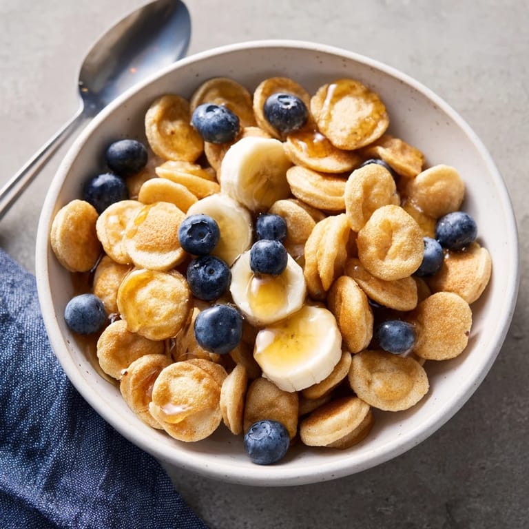 Charming mini pancake cereal bowl, perfect for breakfast with milk and fruit.  