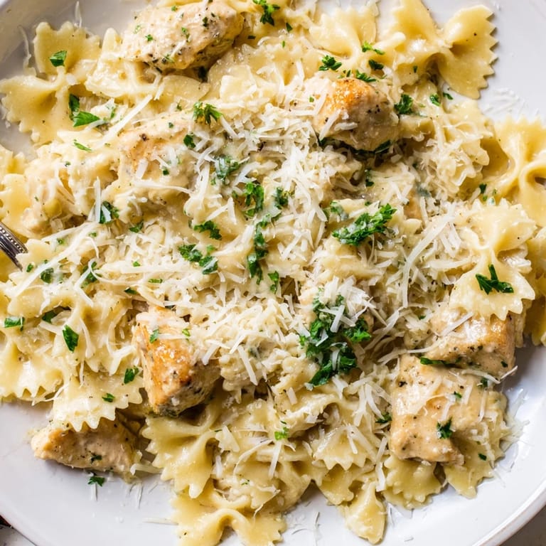 Satisfying Mozzarella Garlic Butter Chicken Bowties, infused with garlic and melted cheese bliss.