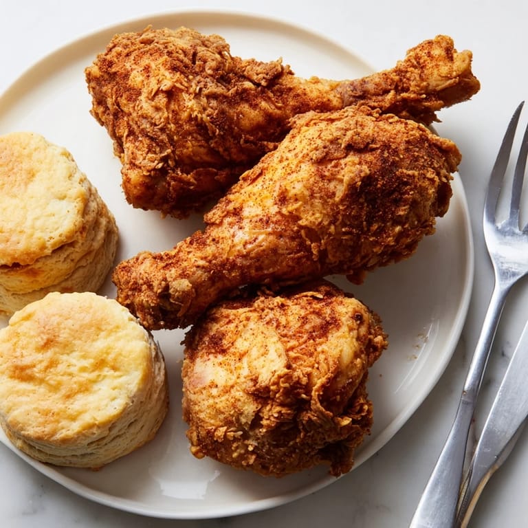 Golden, crispy Southern fried chicken alongside buttery biscuits, perfect for family meals.