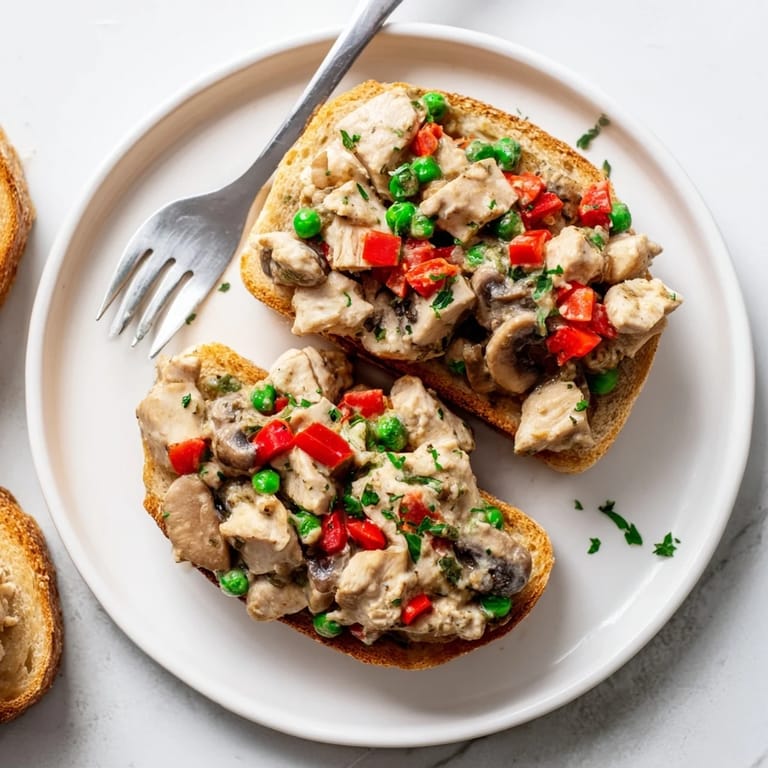 Delicious Chicken à la King nestled atop golden buttered toast, garnished with parsley.  