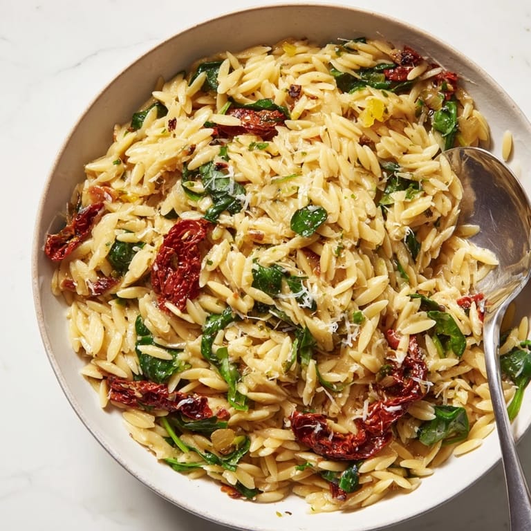 Rich creamy Tuscan Orzo bowl featuring garlic, herbs, and colorful vegetables blended beautifully.