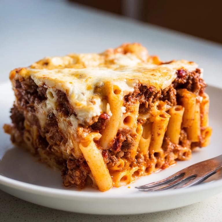 Delicious Greek Pastitsio casserole topped with rich béchamel sauce, perfect for family dinners.  