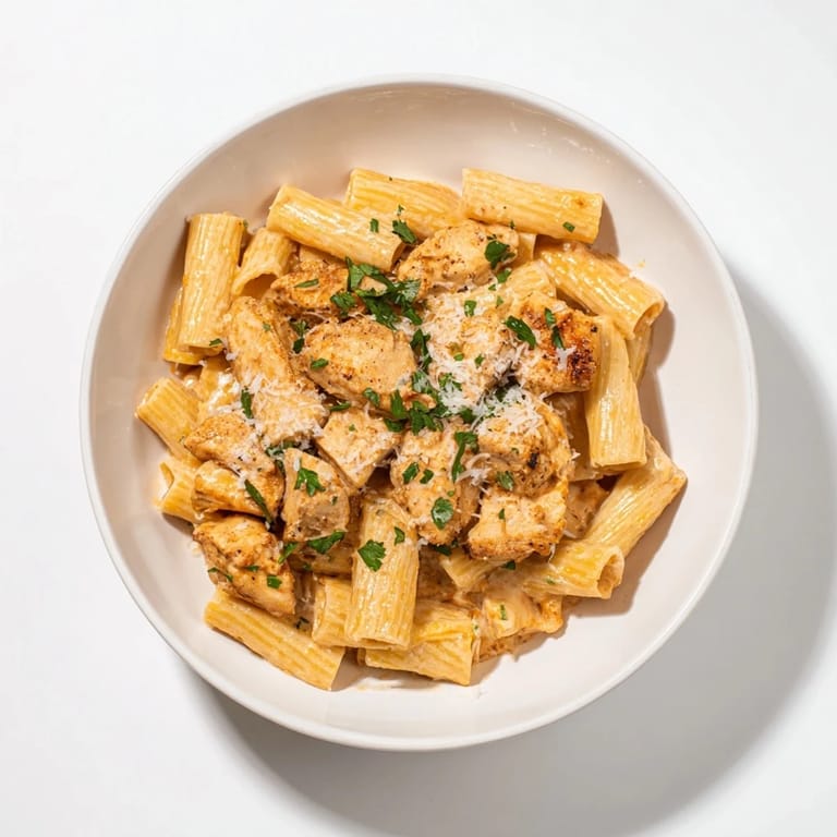 A pan full of golden-brown chicken blended with rich creamy garlic Parmesan rigatoni pasta.