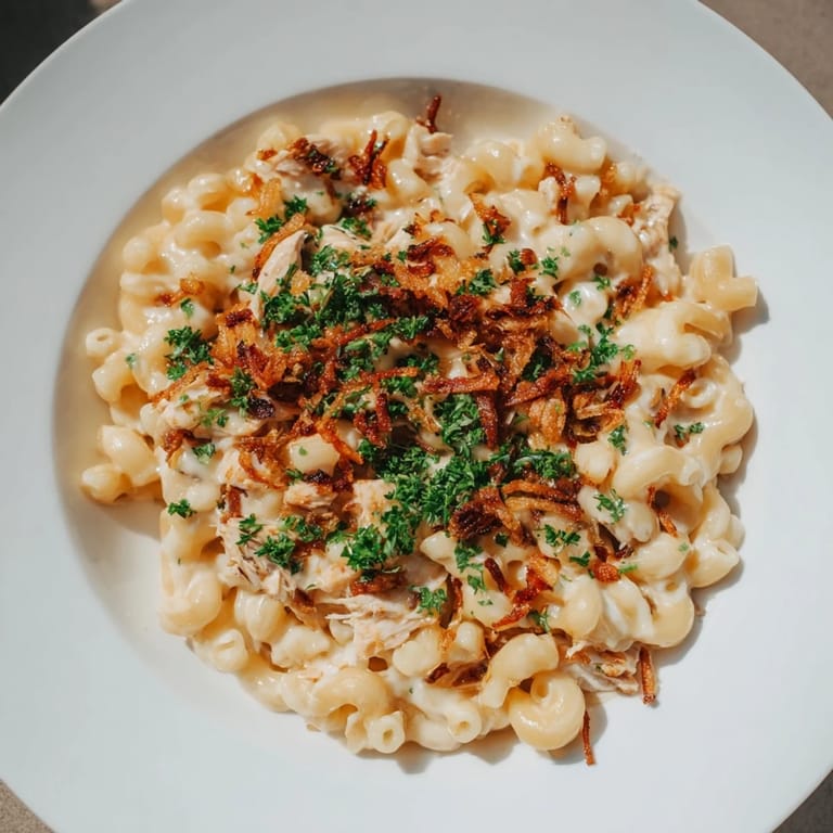 Steaming One-Pot Honey BBQ Chicken Mac and Cheese, topped with parsley, ready for a delicious American dinner.