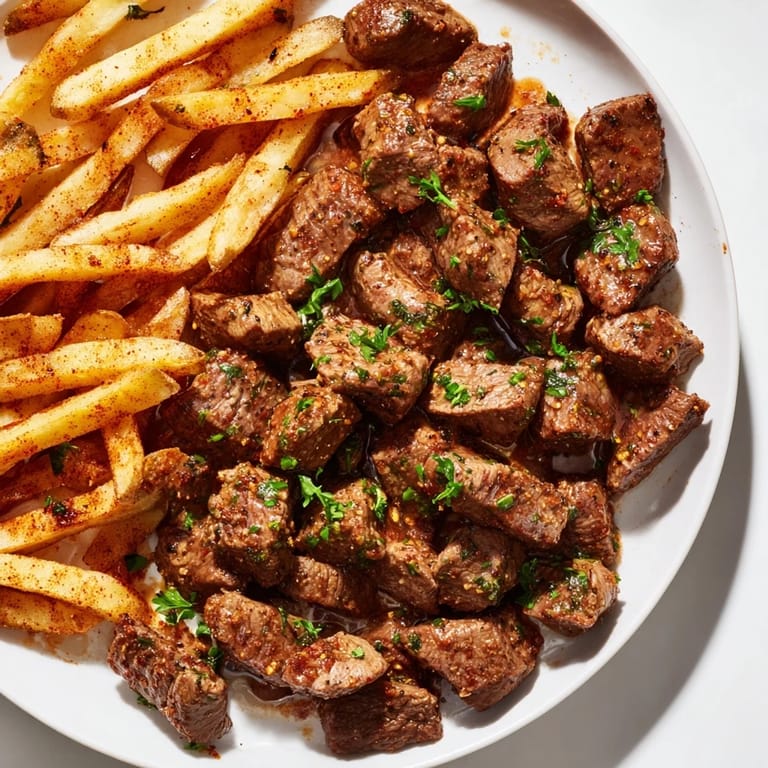 Imagine tender Blackened Cajun Steak Bites, richly seasoned, next to a generous pile of hot, golden fries.