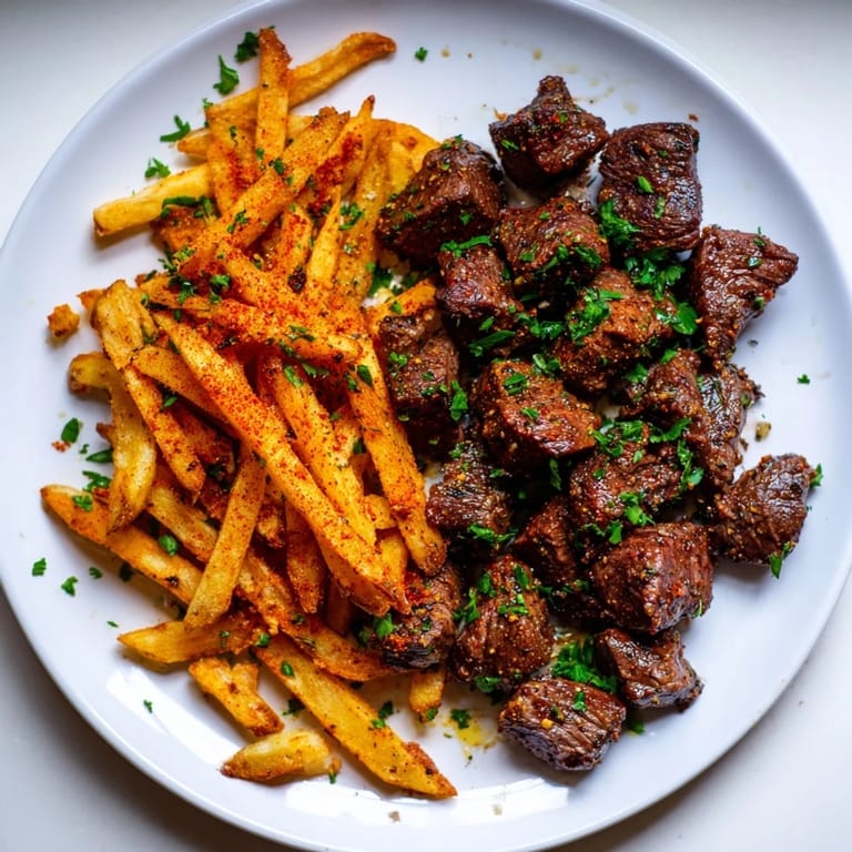 Golden, perfectly fried potatoes accompany the spicy, seared Blackened Cajun Steak Bites, a delicious combo.