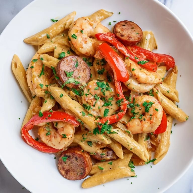 A delicious skillet of Cajun Sausage & Shrimp Alfredo pasta, ready for a comforting weeknight meal.