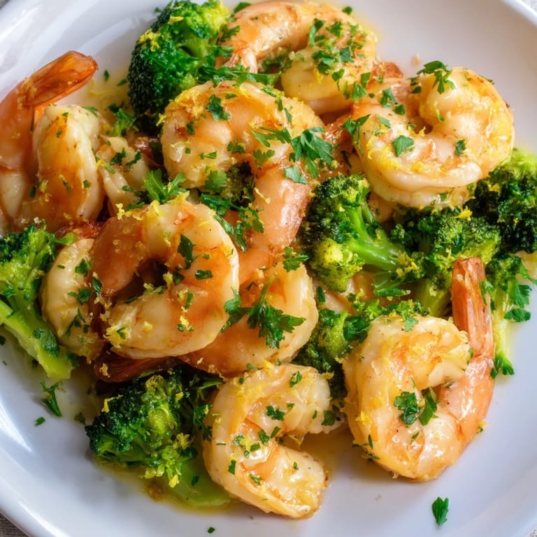 A close-up shot of Lemon Butter Shrimp & Broccoli showcases the glistening shrimp and bright green broccoli florets.