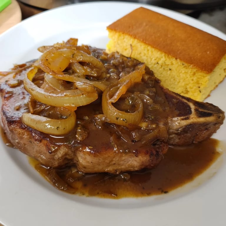 Fall-apart smothered pork chops with a creamy sauce and a side of delicious, homemade cornbread.