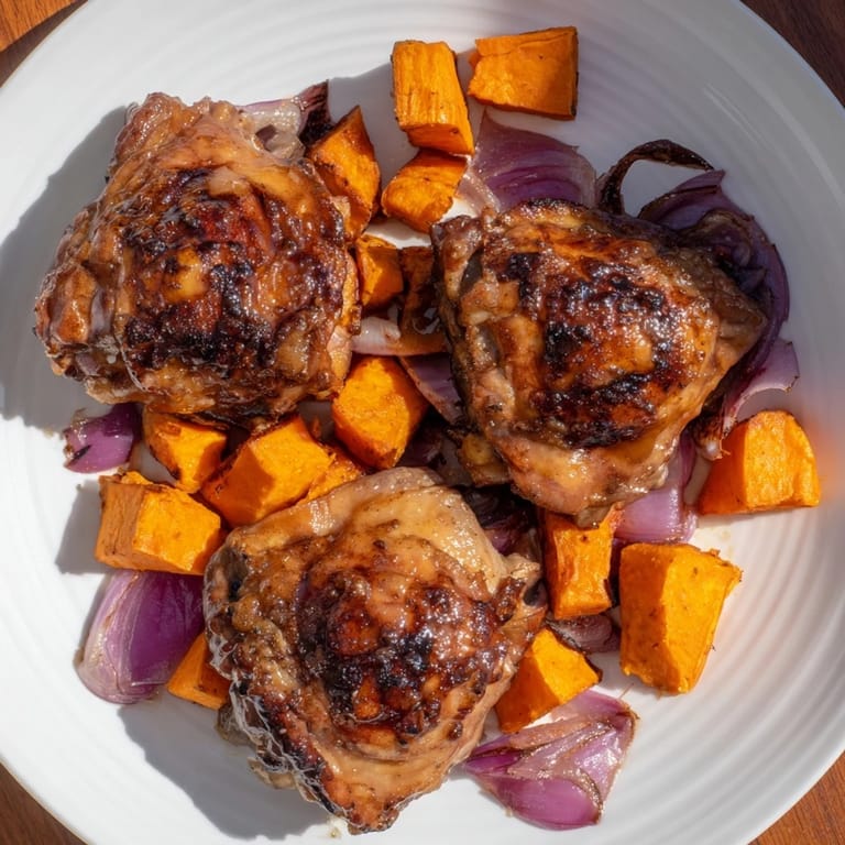 Delicious Maple Glazed Chicken & Sweet Potato Bake, roasted with savory herbs and sweet maple flavors.