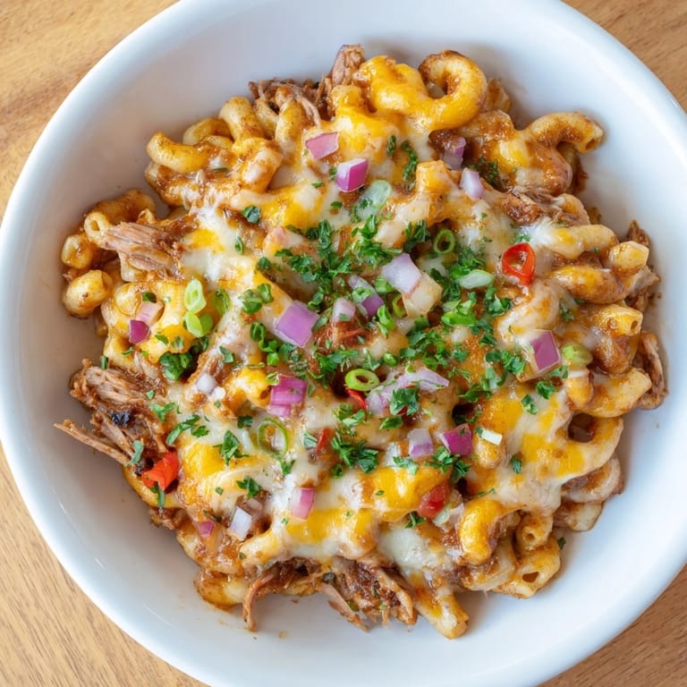 A close-up of a rich and creamy BBQ Rib Macaroni Skillet, promising savory, smoky flavors.