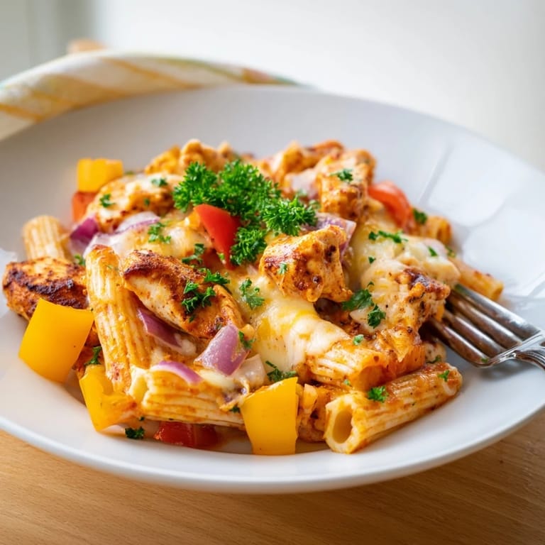 A close-up of creamy Cajun Chicken Pasta Bake; melted cheese drips down, promising a satisfying, spicy comfort food experience.